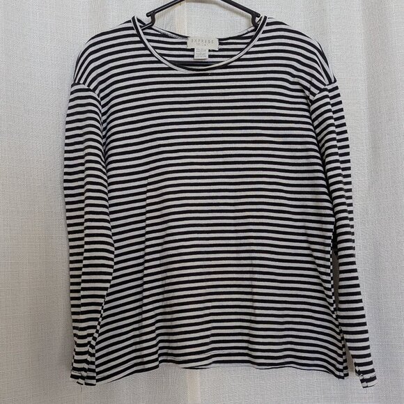 Express Tricot Women's Cotton Tee Long Sleeve Stripped Black & White Large - Picture 1 of 7